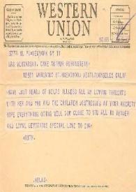 Portada:Telegrama dirigido a Anna Mlynarski para Aniela Rubinstein. Nueva York, 11-04-1947