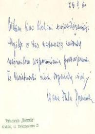 Portada:Tarjeta dirigida a Aniela y Arthur Rubinstein. Cracovia (Polonia), 26-02-1960