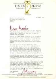 Portada:Carta dirigida a Arthur Rubinstein. Londres (Inglaterra), 18-08-1978