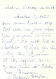 Portada:Carta dirigida a Aniela Rubinstein. Chateau Thierry (Francia), 29-12-1983