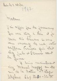 Portada:Carta dirigida a Aniela Rubinstein. París (Francia), 03-10-1947