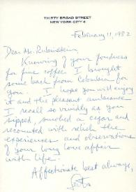 Portada:Carta dirigida a Arthur Rubinstein. Nueva York, 11-02-1982