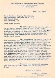Portada:Carta dirigida a Corinne Mayer (Presidenta de la sociedad Filarmónica de Mineápolis). Saint Louis (Missouri), 17-02-1941