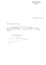 Portada:Carta dirigida a Aniela Rubinstein y Arthur Gromadzki. Antibes (Francia), 03-02-1983