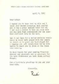 Portada:Carta dirigida a Arthur Rubinstein. Chicago (Illinois), 08-04-1969
