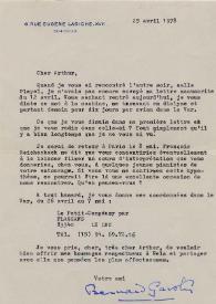 Portada:Carta dirigida a Arthur Rubinstein. París (Francia), 25-04-1978