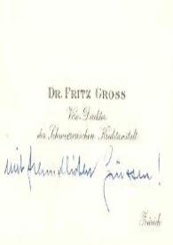 Portada:Tarjeta de visita dirigida a Aniela y Arthur Rubinstein. Zurich (Suiza)