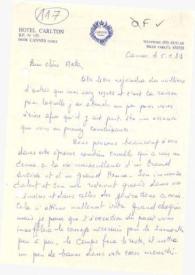 Portada:Carta dirigida a Aniela Rubinstein. Cannes (Francia), 05-01-1983