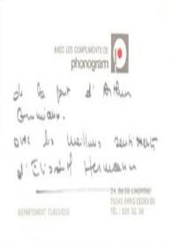 Portada:Tarjeta de visita dirigida a Arthur Rubinstein. París (Francia)