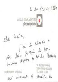 Portada:Tarjeta de visita dirigida a Arthur Rubinstein. París (Francia), 10-01-1980