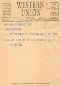 Portada:Telegrama dirigido a Arthur Rubinstein. Washington D. C., 02-01-1942