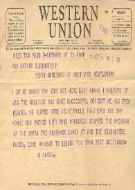 Portada:Telegrama dirigido a Aniela Rubinstein. Nueva York, 25-11-1941 