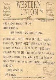 Portada:Telegrama dirigido a Arthur Rubinstein. Nueva York, 14-05-1945
