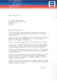 Portada:Carta dirigida a Arthur Rubinstein. Tuart Hill (Australia), 20-06-1977