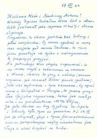 Portada:Carta dirigida a Aniela y Arthur Rubinstein. Varsovia (Polonia), 27-08-1974