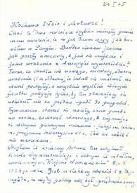 Portada:Carta dirigida a Aniela y Arthur Rubinstein. Varsovia (Polonia), 24-01-1975