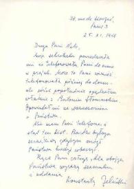Portada:Carta dirigida a Aniela Rubinstein. París (Francia), 25-11-1958