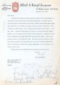 Portada:Carta dirigida a Aniela Rubinstein. Nueva York, 20-02-1962
