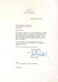 Portada:Carta dirigida a Arthur Rubinstein. Jerusalén (Israel), 16-02-1975