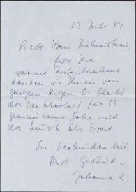 Portada:Carta dirigida a Aniela Rubinstein. Asburgo, 23-07-1984