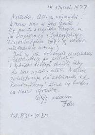 Portada:Carta dirigida a Aniela y Arthur Rubinstein, 14-01-1977