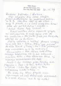 Portada:Carta dirigida a Aniela y Arthur Rubinstein. Nueva York, 30-04-1979