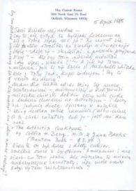 Portada:Carta dirigida a Aniela Rubinstein. Oshkosh (Wisconsin), 15-07-1985