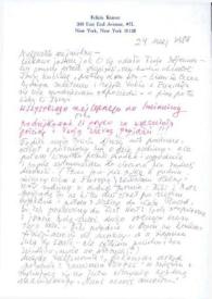 Portada:Carta dirigida a Aniela Rubinstein. Nueva York, 24-05-1986