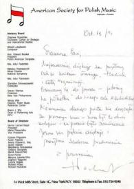 Portada:Carta dirigida a Aniela Rubinstein. Nueva York, 16-10-1991