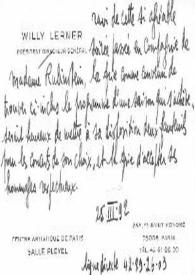Portada:Tarjeta de visita dirigida a Aniela Rubinstein. París (Francia), 25-03-1992
