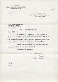 Portada:Carta dirigida a Aniela Rubinstein. Nueva York, 22-04-1960