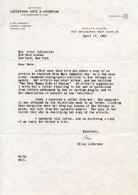 Portada:Carta dirigida a Aniela Rubinstein. Nueva York, 17-04-1961
