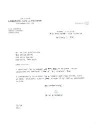 Portada:Carta dirigida a Arthur Rubinstein. Nueva York, 05-02-1969
