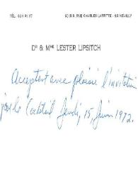 Portada:Tarjeta de visita dirigida a Aniela y Arthur Rubinstein. Neuilly (Francia), 15-06-1972
