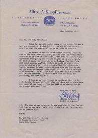 Portada:Carta dirigida a Aniela y Arthur Rubinstein. Nueva York, 21-02-1973