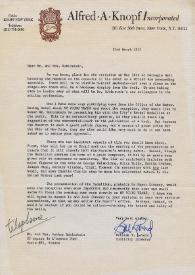 Portada:Carta dirigida a Aniela y Arthur Rubinstein. Nueva York, 23-03-1973