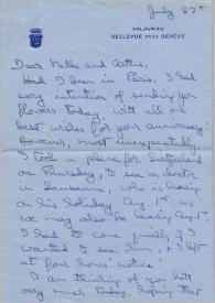 Portada:Carta dirigida a Aniela y Arthur Rubinstein. Valavran (Ginebra), 27-07-1958