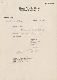 Portada:Carta dirigida  a Aniela Rubinstein. Nueva York, 23-03-1962