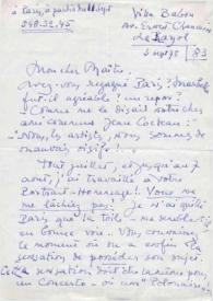 Portada:Carta dirigida a Arthur Rubinstein. Le Rayol (Francia), 03-09-1975