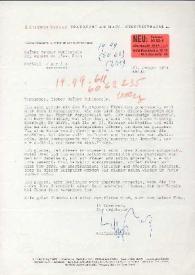 Portada:Carta dirigida a Arthur Rubinstein. Frankfurt (Alemania), 21-01-1974
