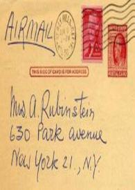 Portada:Tarjeta dirigida a Aniela Rubinstein. Beverly Hills (California), 09-06-1956