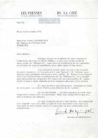 Portada:Carta dirigida a Arthur Rubinstein. París (Francia), 26-10-1971