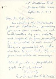 Portada:Carta dirigida a Arthur Rubinstein. Huston (Ohio), 07-09-1969