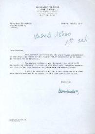 Portada:Carta dirigida a Arthur Rubinstein. Ginebra (Suiza), 17-02-1977