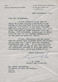 Portada:Carta dirigida a Arthur Rubinstein. Londres (Inglaterra), 21-09-1955