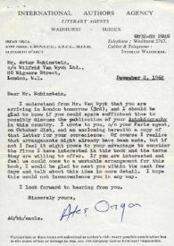 Portada:Carta dirigida a Arthur Rubinstein. Wadhurst (Inglaterra), 02-12-1968