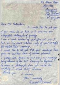 Portada:Carta dirigida a Arthur Rubinstein. Gonville (Nueva Zelanda), 06-07-1959