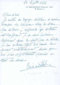 Portada:Carta dirigida a Aniela y Arthur Rubinstein. París (Francia), 24-09-1972