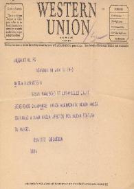 Portada:Telegrama dirigido a Aniela Rubinstein. Nueva York, 18-01-1945