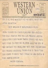 Portada:Telegrama dirigido a  Arthur Rubinstein. México, 28-05-1945